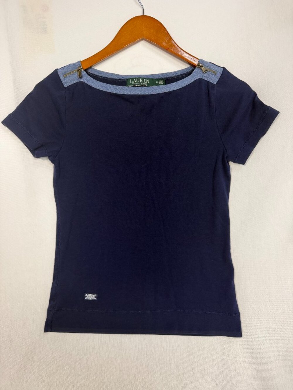 Lauren Ralph Lauren Top M Navy Blue Zipper Shoulder Boat Neck Cotton Tee Summer